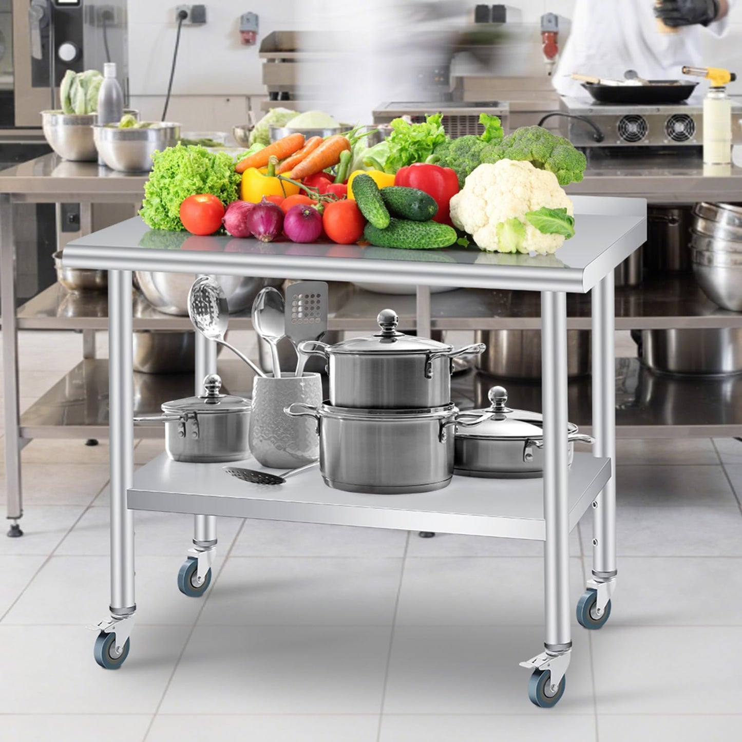 Stainless Steel Prep Table, 48 x 24 inches, with Backsplash & 4 Wheels, Adjustable Undershelf, Commercial Heavy Duty Table with Adjustable Under Shelf for Outdoor Use,Restaurants,Hotels,Works
