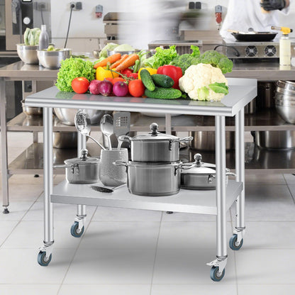 Stainless Steel Prep Table, 48 x 24 inches, with Backsplash & 4 Wheels, Adjustable Undershelf, Commercial Heavy Duty Table with Adjustable Under Shelf for Outdoor Use,Restaurants,Hotels,Works