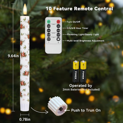 SEHNSY Christmas Flameless Taper Candles, 4 Pcs 9.64 Inch Poinsettia LED Candlesticks with 3D Flickering Flame, Battery Operated Candle with Remote for Xmas Home Décor Christmas Gifts