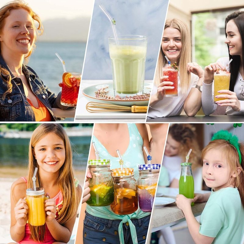 DUMING-IN 12 Pack Reusable Glass Straws, 7.9"×8mm Cute Flower Glass Straw for Coffee, Milkshakes, Juices