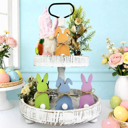 Easter Decorations - Wooden Bunny Peeps Signs 4PCS, Spring Decor with Hemp Rope for Home Table Tiered Tray, Easter Freestanding Centerpiece for Indoor Mantel Shelf Office Party Gifts Basket Stuffers