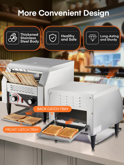 Commercial Conveyor Toaster, 350 Slices/Hour Electric Stainless Heavy Duty Restaurant Toaster, with Dual Heating Tube, 7 Browning Levels, for Bagel, Restaurant, Bakery Cafe, Silver