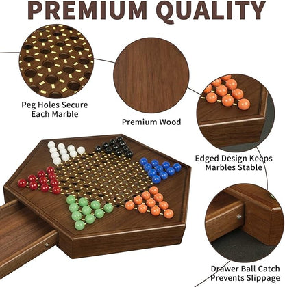 Chinese Checkers Board Game - 15” Large Wooden Checkers Game with Storage Drawer 16mm Glass Marbles (60 + 12 Extras) Classic Family Strategy Game for 2-6 Players