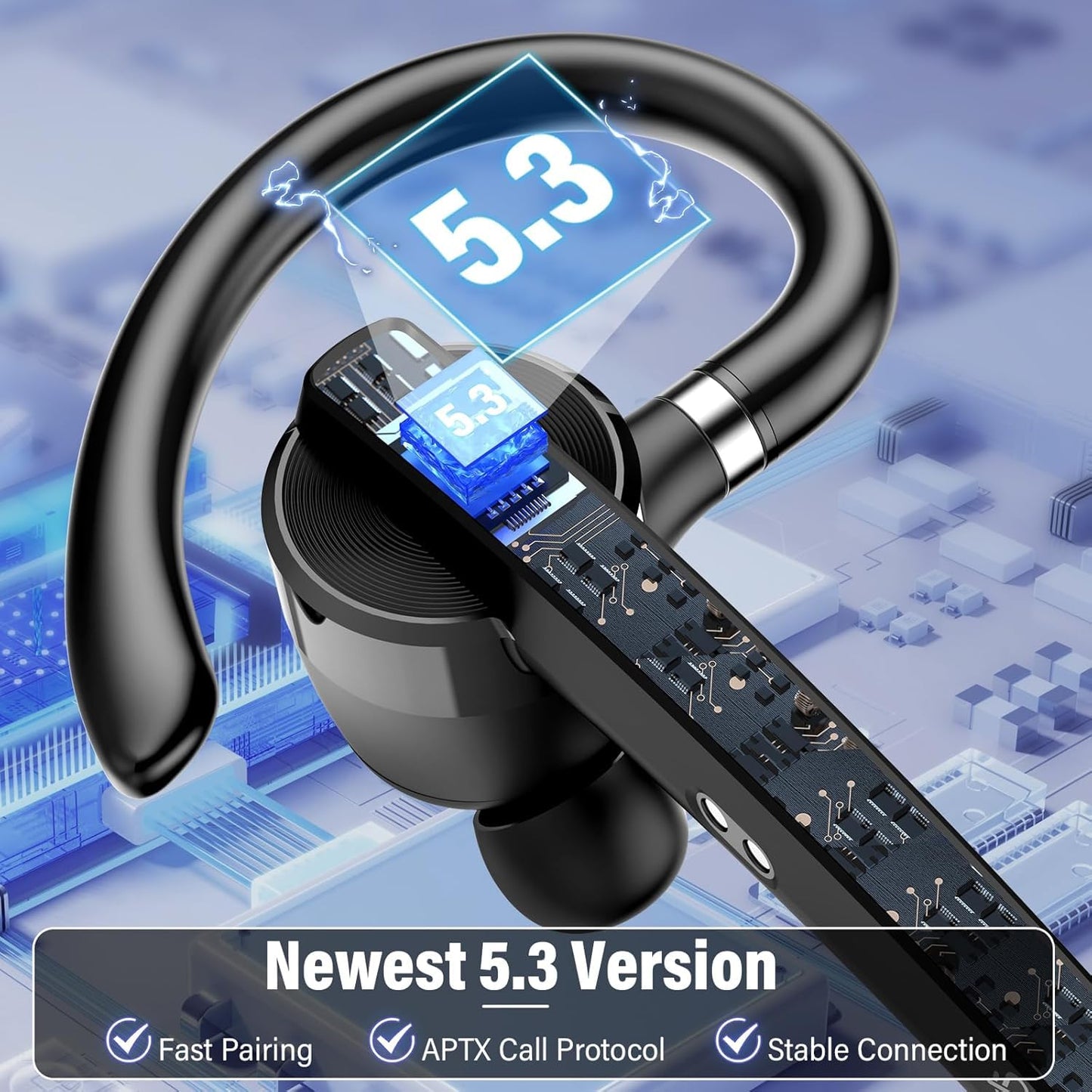 Thunelec Bluetooth Headset, Wireless Bluetooth 5.3 Earpiece, 90Hrs Hands Free Headset with APTX HD Audio & Mute Button, Dual Noise Cancelling Mics, Single-Ear Headphone for Trucker/Business/Office/Gym