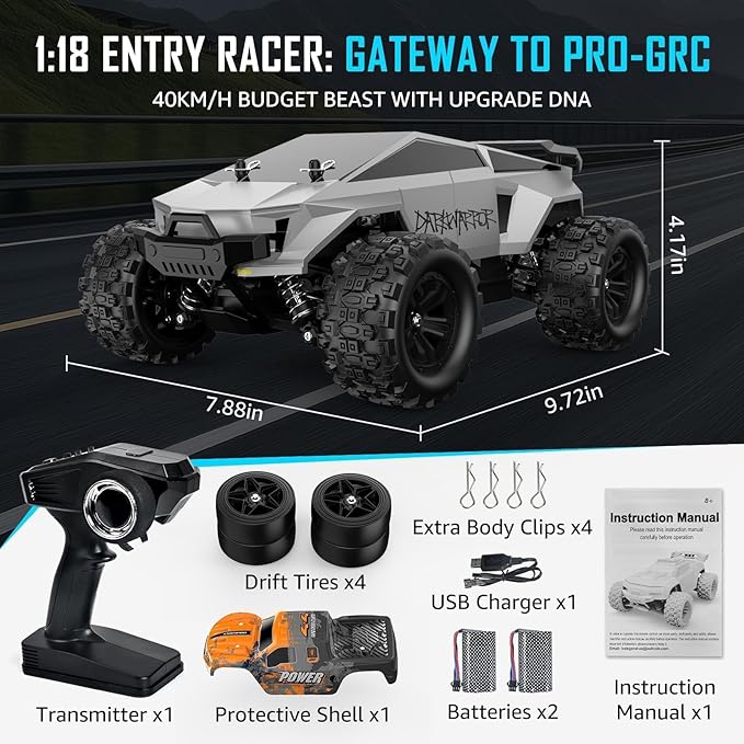 kolegend 2-in-1 RC Cyber Monster Truck &amp Drift Car for Adults 1/18 Scale 4WD 40KM/H All-Terrain Fast RC Car with 2.4Ghz Radio 2 Batteries &amp 2 PVC Shells RTR