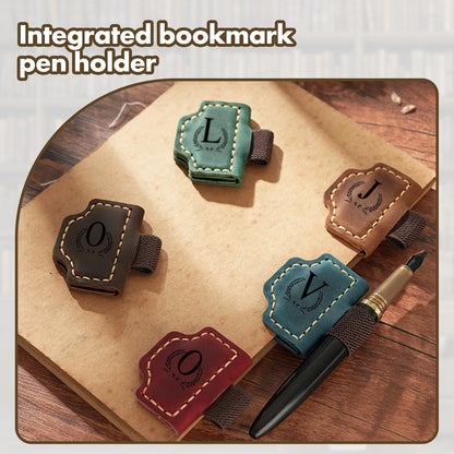 Custom Bygone Mark Bookmark with Pen Holder, 26 Letters Name Initial Personalized Magnetic Leather Bookmark, Gifts for Book Lovers, Readers, Travelers, Leather Book Marks (Purple, I)