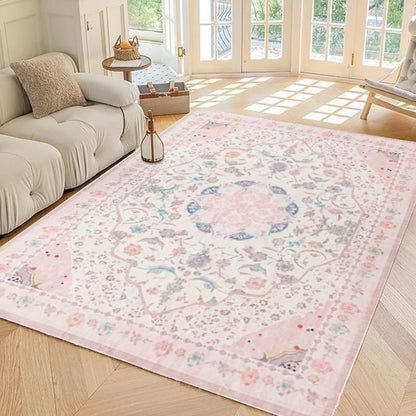 auruge Area Rug - Vintage 3x5 Non-Slip Backing Area Rugs Light Pink Soft Faux Wool Carpet Foldable & Machine Washable Rugs for Living Room Bedroom Dining Room Nursery Home Office