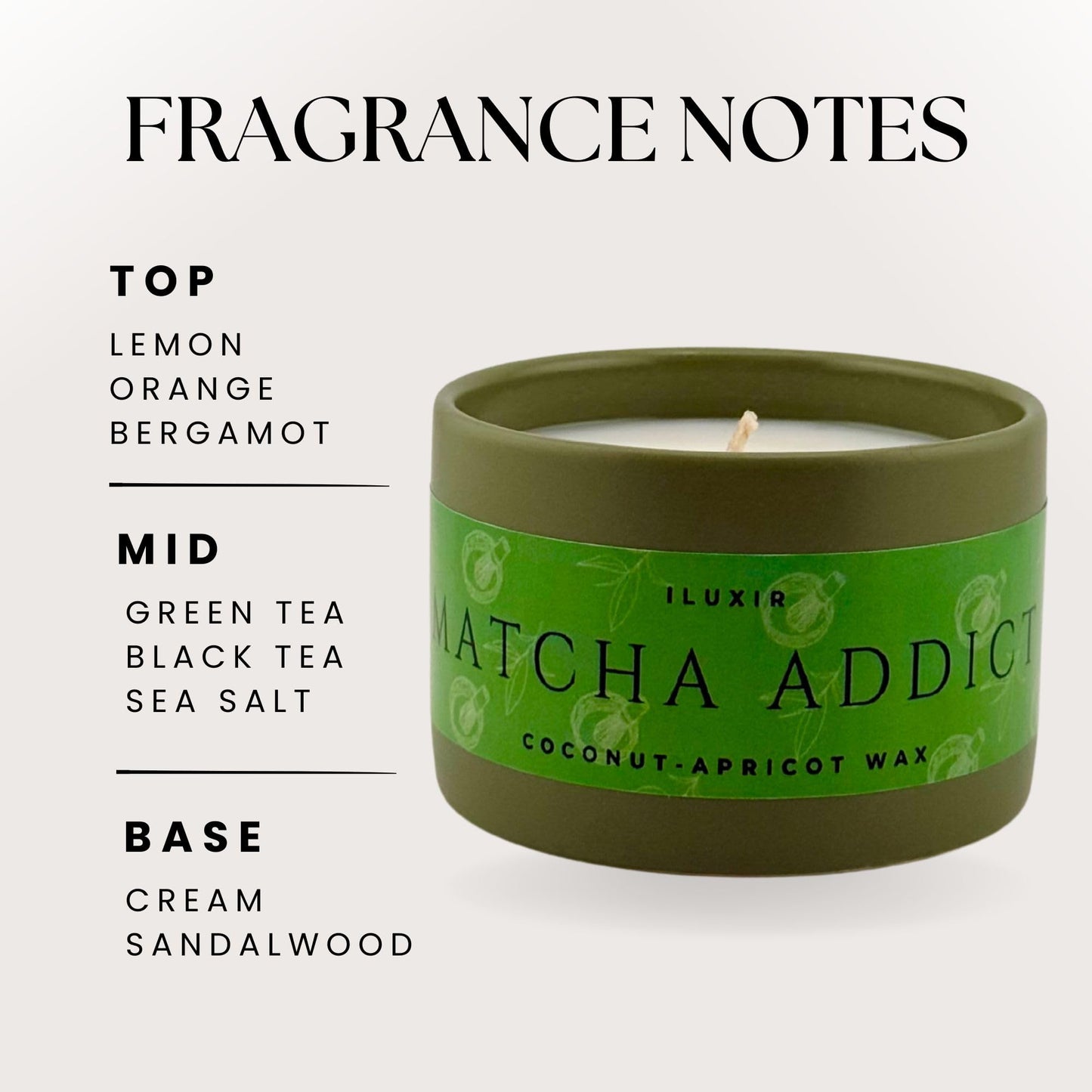 ILUXIR Matcha Scented Candle – Green Tea Citrus Sandalwood Aromatherapy Candle, Long Burning, Hand-Poured Coconut Apricot Wax, Non-Toxic, Cruelty-Free - 5 oz for Matcha Enthusiasts