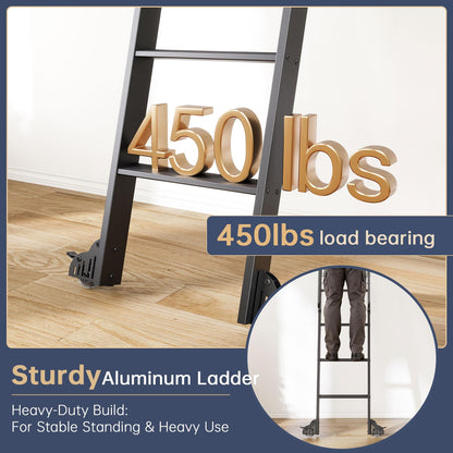 CEAKIAN 9FT Aluminum Rolling Library Ladder with 4FT Sliding Hardware Kit,Telescopic Hook Track with Brake Wheel,8 Steps with Handrail,450lbs Capacity,Black,Easy Assembly,for Loft Bookcase Attic Home