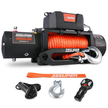 ZESUPER 9500 lb Load Capacity Electric Winch,12V Waterproof IP68 Winch with Wireless Handheld Remotes, Wired Switch,Hawse Fairlead, 80ft Synthetic Rope Winches for Jeep Trailer Truck Off-Road Vehicle