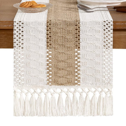 Socomi Boho Table Runner Summer Farmhouse Rustic Dining Kitchen Centerpiece Decor Small Macrame Woven Cotton Linen Coffee Table Runner for Dresser Scarf Home Decor 12x90 inch