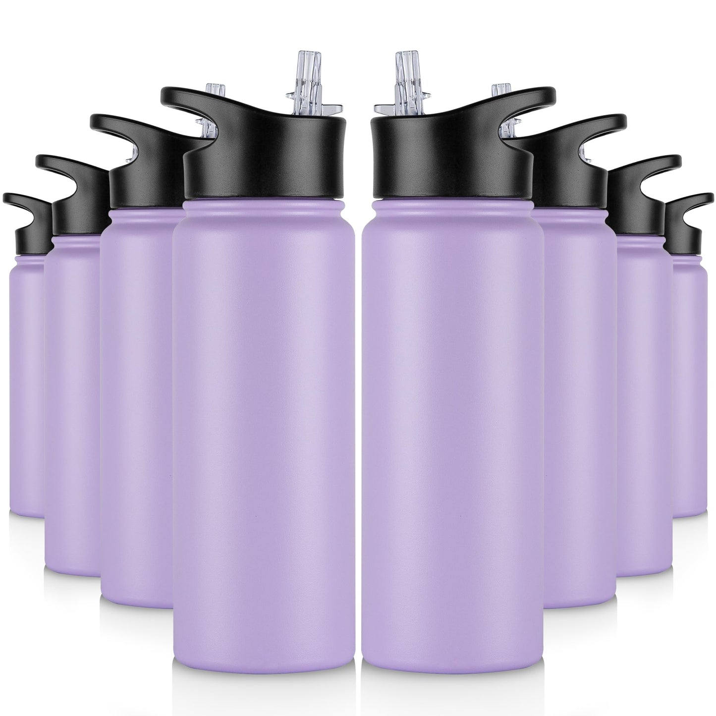 VQRRCKI 24 oz Insulated Water Bottle Bulk 8 Pack, Stainless Steel Sports Water Bottles with Straw Lid & Wide Mouth Lids, Double Walled Vacuum, Leak Proof, Purple