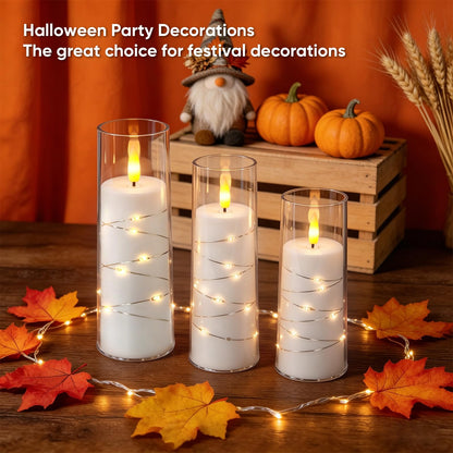 Raycare Flameless Candle with Remote Timer, 3 Flickering Acrylic Battery Operated LED Pillar Candles with Embedded Star String for Home Decor(White)