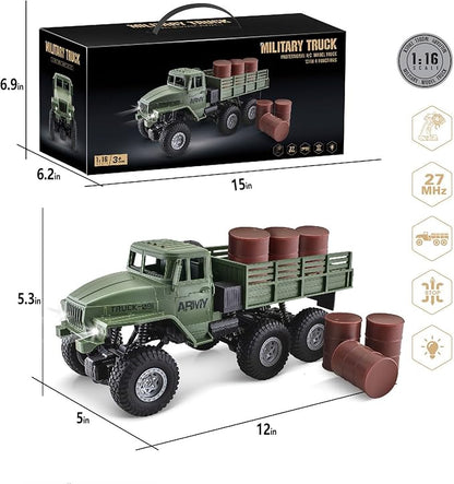RC Military Truck 6x6 Road Remote Control Car 1/16 Scale Remote Control Truck 4WD All Terrain Rock Army Transport Vehicle Toy Vehicle for Kids Children Boy Gift