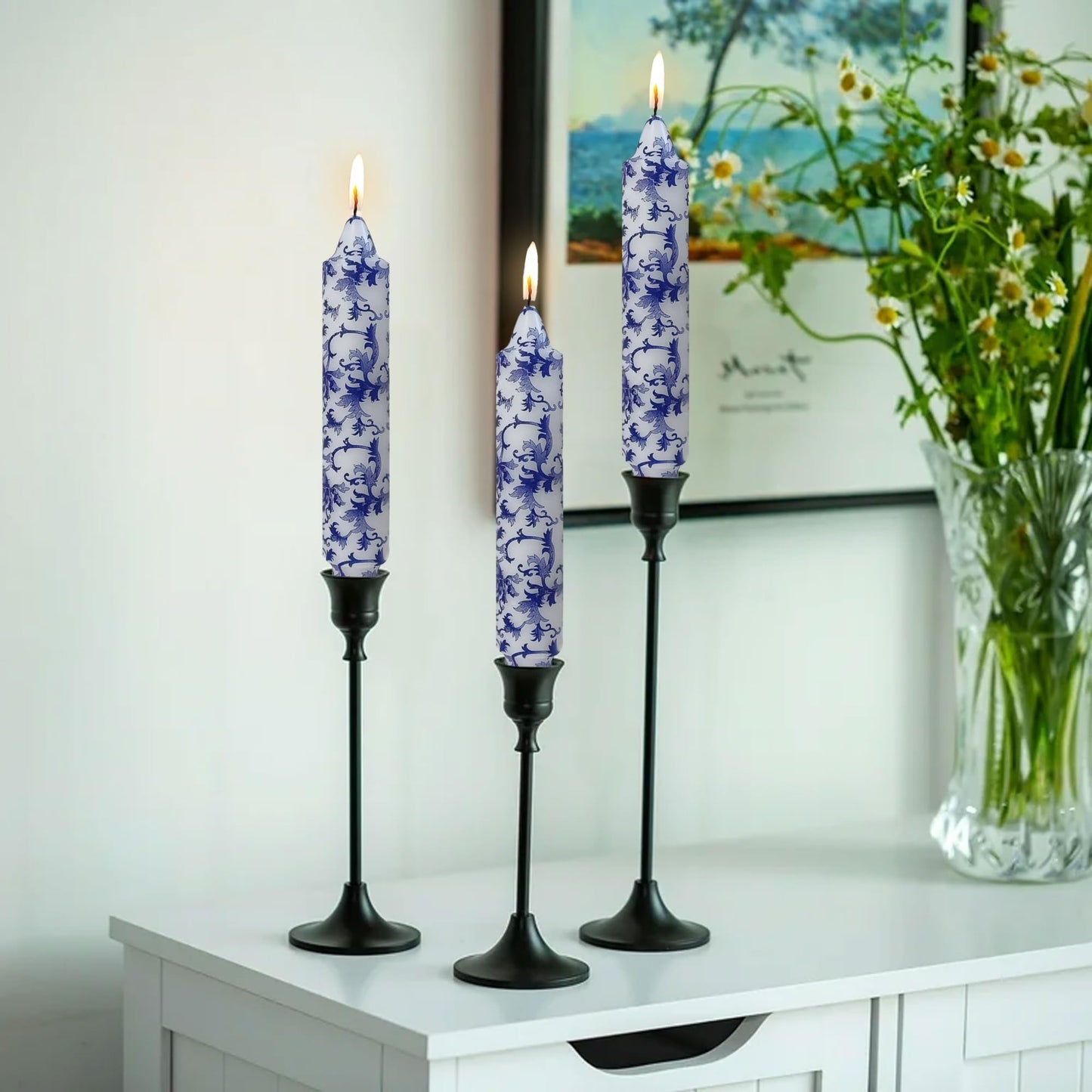 Floral Taper Candles 7inch Unscented Long Chinoiserie Candlesticks Marble Handmade Dripless Candle Sticks for Emergency, Wedding, Home Décor Festive Seasons Holiday 4pcs
