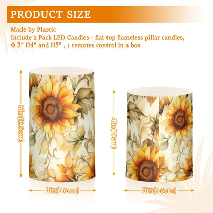 WEVIBOFU Painting Sunflowers Flickering Flameless Candles LED Battery Operated with Remote Timer Pillar Candles for Home Birthday Wedding Christmas Decor, Set of 2