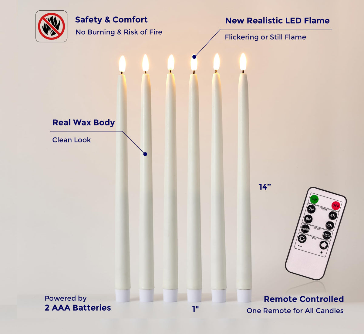 VENTA Set of 6 Flameless Taper Candles with Remote | 14-Inch Ivory LED Candlesticks with Timer | Realistic Flickering Light for Wedding Centerpieces, Dinner Table & Home Decor
