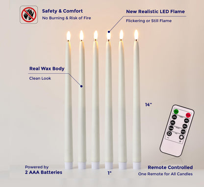 VENTA Set of 6 Flameless Taper Candles with Remote | 14-Inch Ivory LED Candlesticks with Timer | Realistic Flickering Light for Wedding Centerpieces, Dinner Table & Home Decor