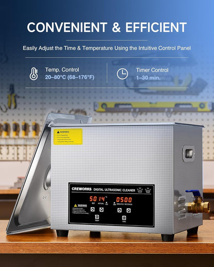 CREWORKS 10L Digital Ultrasonic Cleaning Machine with Heater & Timer, 240W Stainless Steel Ultrasonic Washing Machine, 2.6 gal Sonic Parts Cleaning Machine for Jewelry Glasses Auto Tool Machine Part