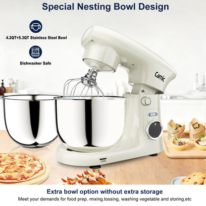 Camic Stand Mixer, 4.2QT+5.3QT Two bowls Electric Food Mixer, 10 Speeds with Digital setting 3-IN-1 Kitchen Mixer for Baking Cakes Cookie Bread Salad with Egg Whisk,Dough Hook,Flat Beater (White)