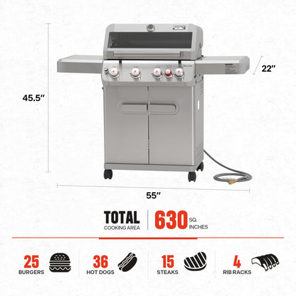 Monument Grills 4+1 Burner Natural Gas Grill with Natural Gas Hose, 50,000 BTU Stainless Steel Outdoor Patio Barbecue Grill, Broil Zone Fast Heating, Knob Lights, and Easy Cleanup, M415BZNG