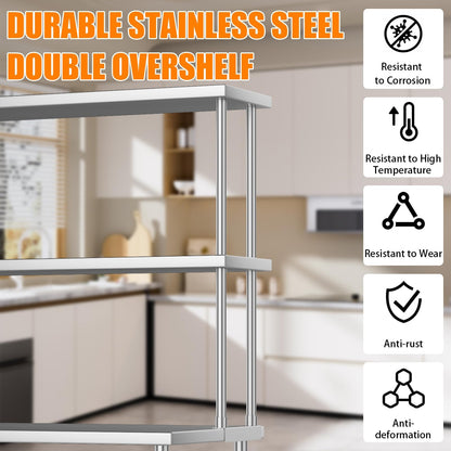 GarveeHome Heavy Duty Stainless Steel Double Overshelf for Commercial Kitchen - 2-Tier Adjustable Shelf (12 in x48 in) - 360 LB Capacity - Restaurant Prep Table, Workbench, Home & Garage Storage Rack