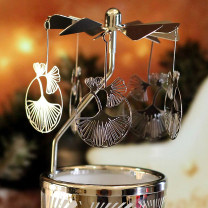 Candle Carousel Rotary Candle Holder Christmas Carousel Spinning Tealight Candleholder Christmas Decoration Centerpieces for Tables Valentine Easter (Gold Ginkgo Leaf)