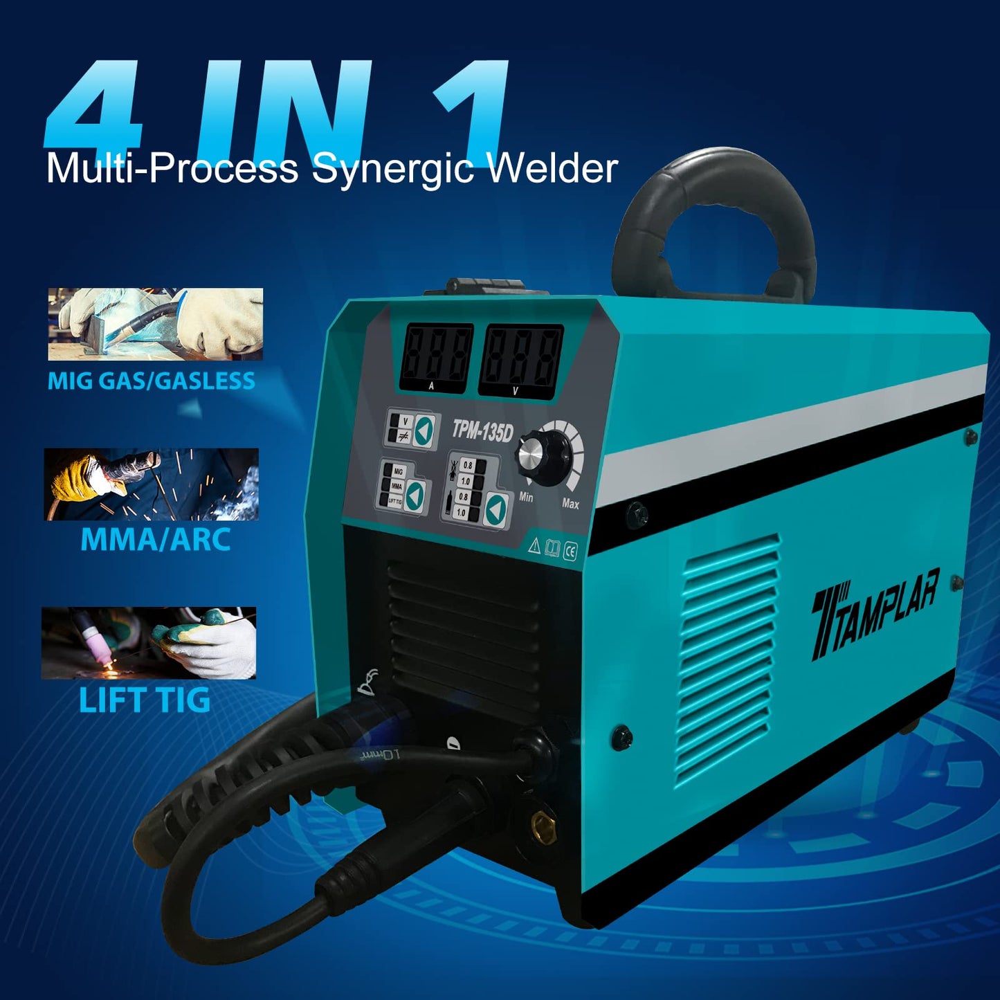 TTAMPLAR MIG Welder - 135AMP 110V&220V Dual Voltage 4 in 1 Flux MIG/Solid Wire/Stick ARC/Lift TIG Gas/Gasless welding, IGBT Inverter Welding Machine TPM-135D
