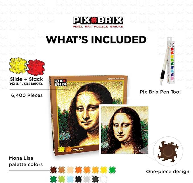 Pix Brix Pixel Art Puzzle Bricks - Mona Lisa 6400 Pieces - Patented Colorful Building Bricks to Recreate This Famous Print Create Builds Without Water Iron or Glue