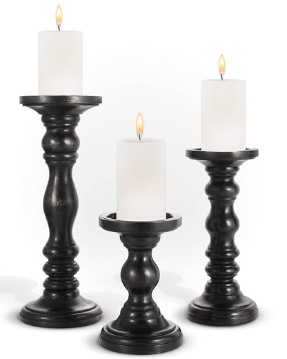 Large Candle Holders for Pillar Candles - Decorative Rustic Centerpiece Pillars Compatible with Battery-Operated Candles - Tall Farmhouse Wooden Candle Holders Pillar - Set of 3