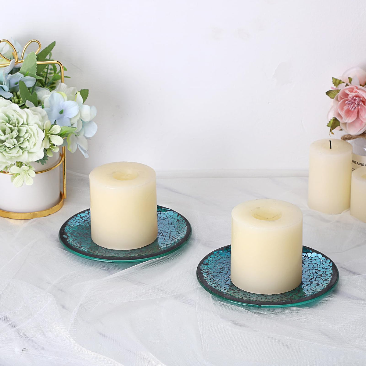 OwnMy 2PCS Mosaic Glass Candle Plates and Trays 6 Inch Pillar Candle Holders Plates, Glass Mosaic Candle Coasters Decorative Pillar Candle Stands Candle Bases for Wedding Table Centerpiececs, Blue