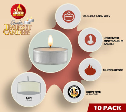 Ner Mitzvah Tea Light Candles - 10 Pack - White Unscented Travel, Centerpiece, Decorative Candle - 4.5 Hour Burn Time - Pressed Wax