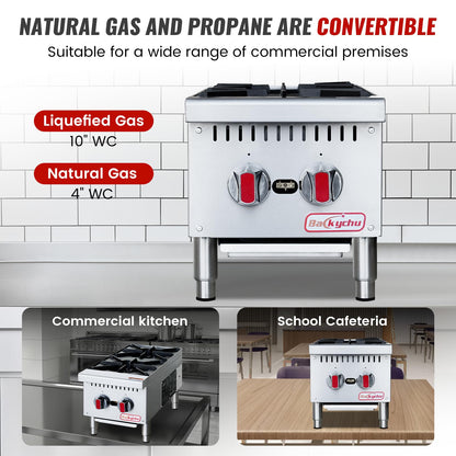 Backychu 2-Burner Commercial Gas Stove- 50,000 BTU Countertop Cooking Stove Range, Heavy-Duty Hot Plate, Stainless Steel Cooking Equipment for Restaurant, kitchens, Propane/Natural Gas