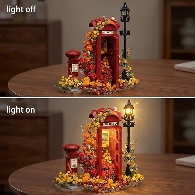 London Retro Red Telephone Booth Architecture Set with LED Lighting Creative Flores Phone Box for The Office and Home Set Adult Collector Decor 1142pcs