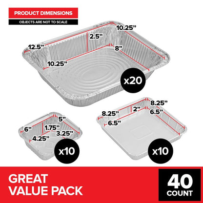 Stock Your Home (Set of 40) Aluminum Pans Disposable, (20) 9x13, (10) 8x8, (10) 1-Lb Heavy Duty Foil Pans, Baking Tins, Cooking Trays, Large and Small Catering Food Containers for Roasting, Serving
