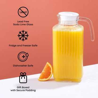JoyJolt 60oz Glass Pitcher with Lid (2 Lids) - Beverage Serveware and Storage Container for Cold Drinks and Liquids. Juice Container, Water Jug, Fridge Pitcher for Iced Tea or Milk