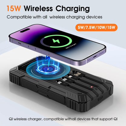 BLASOUL Solar Charger 49800mAh Power Bank - Wireless Portable Phone Charger with 4 Built-in Cable,22.5W Fast Charging Battery Pack USB C in/Output for All Cell Phone iPhone,Galaxy,Android,Etc(Black)