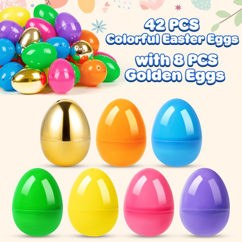 Birebebys 50 PCS 2.4"" Plastic Easter Eggs, 42 Pcs Empty Easter Eggs with 8 Golden Eggs, Fillable Egg with Hinge for Easter Hunt, Basket Stuffers, Classroom Prizes, Party Favors Supplies