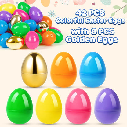 Birebebys 50 PCS 2.4"" Plastic Easter Eggs, 42 Pcs Empty Easter Eggs with 8 Golden Eggs, Fillable Egg with Hinge for Easter Hunt, Basket Stuffers, Classroom Prizes, Party Favors Supplies