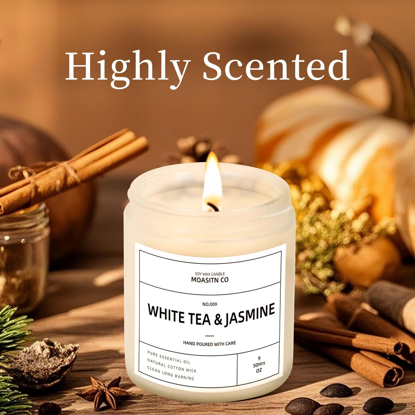 White Tea & Jasmine Candle for Home Scented| Natural Soy Non Toxic Candles| Long Clean Burning Aromatheraphy Jar Candel| Women,Men Gift for Autumn,Winter, Halloween,Relaxing| 9oz