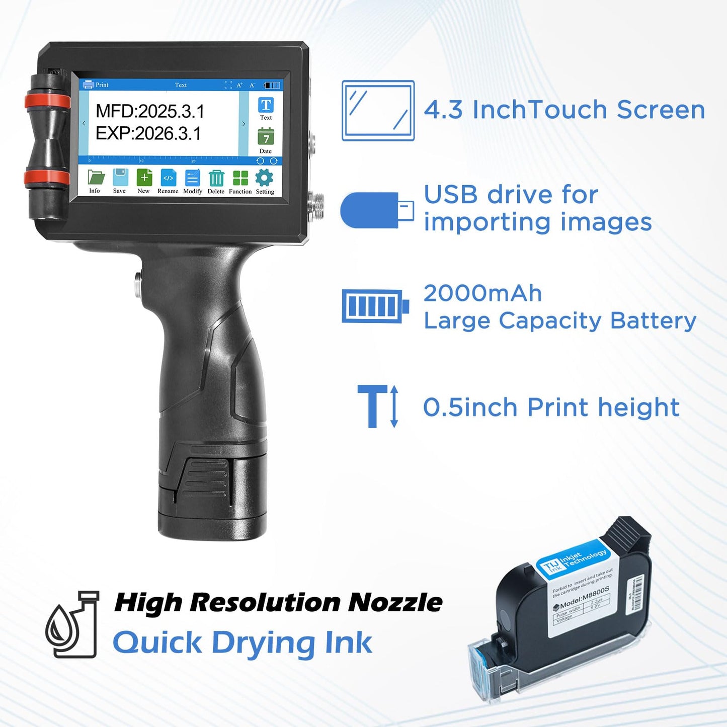 ZHONGMIN Handheld Inkjet Printer with 42ml Quick-Drying Ink Cartridge, Portable Ink Jet Coding Machine for Text/Date/Batch Number/QR Code/Barcode/Logo, Print Height from 0.08 to 0.5 Inch (ZM-C800)