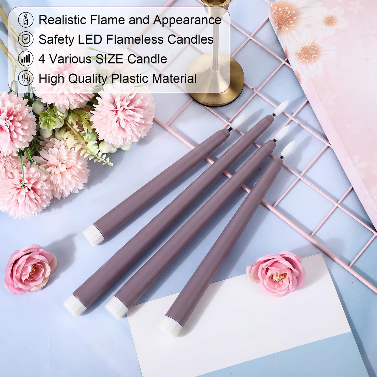 Rossesay 24 Pcs Flameless LED Taper Candles Battery Operated Candle 8.5", 9.65", 10.8", 12.8" Flameless Candlesticks Flickering for Christmas Church Wedding Indoor Decoration(Classic, Purple)