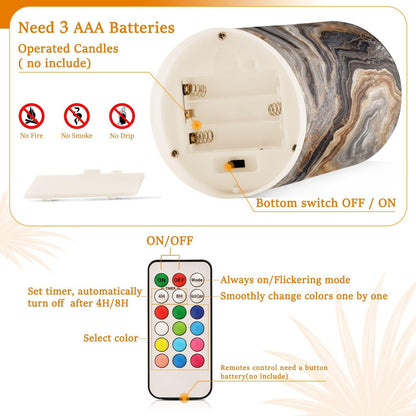 ZRYSMY Abstract Brown Gray Marble Flameless LED Candles with Remote - Set of 2, 3 Inch Battery-Operated Flickering Pillar Candles with Timer, No Batteries Included
