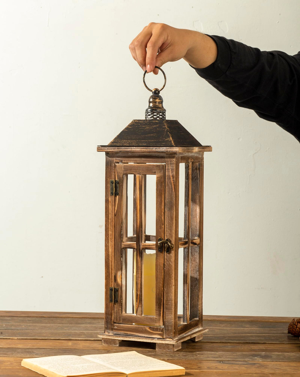 Large Farmhouse Wooden Decorative Lantern Set of 2, Rustic Distressed Brown Burnt Wood Floor Candle Lanterns, Indoor/Outdoor Hanging Lanterns for Home Decor (No Glass)