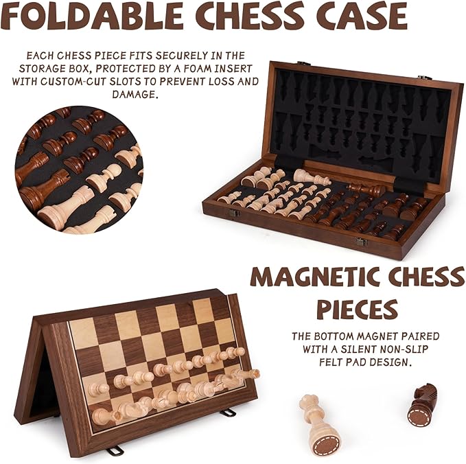 15 Inch Magnetic Wooden Chess Set with Storage Folding Chess Board Game with Strong Magnets Tournament Size 3 Inch King 2 Extra Queens Portable Travel Chess Set for Adults &amp Kids