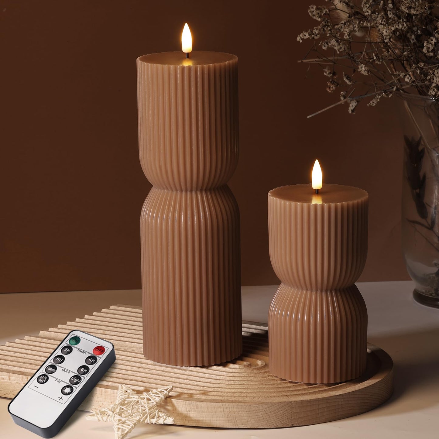 Girimax Warm Brown Ribbed Flameless Pillar Candles with Remote, Real Wax Flickering Battery LED Candles Christmas Decor Gift Set of 2