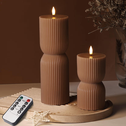 Girimax Warm Brown Ribbed Flameless Pillar Candles with Remote, Real Wax Flickering Battery LED Candles Christmas Decor Gift Set of 2