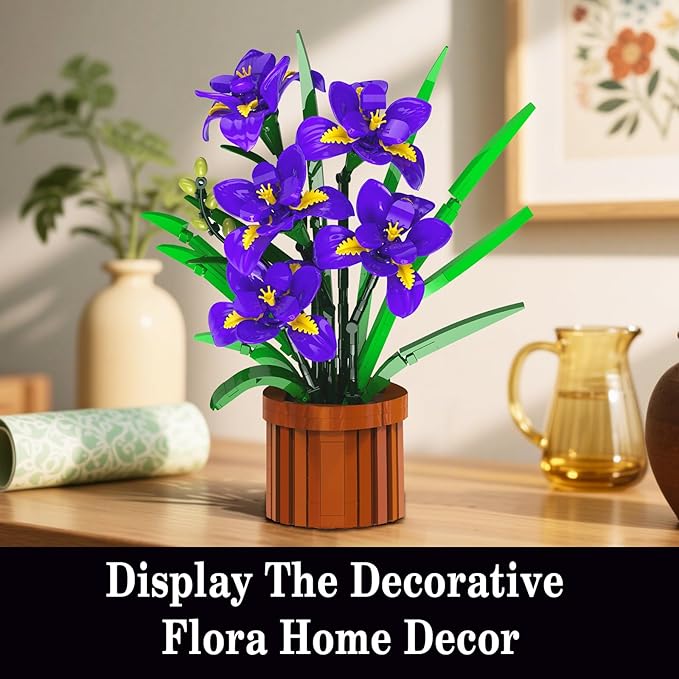 Flowers Botanicals Iris Building Set - Easter Artificial Purple Bonsai Plant for Home Office Décor 808PCS Flower Building Kit Indoor Decoration Floar Gift for Adults Wife Girlfriend Mom