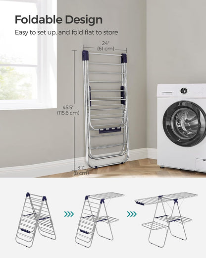 SONGMICS Foldable Clothes Drying Rack - 2-Level Laundry Airer with Adjustable Wings & 33 Rails | Silver & Blue
