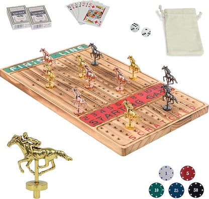 HOROW Horse Racing Board Game Solid Wood Horse Race Card and Dice Board Game Luxury Edition Set with 11 Metal Horses100 Poker Chips2 Dices and 2 Boxes of Cards